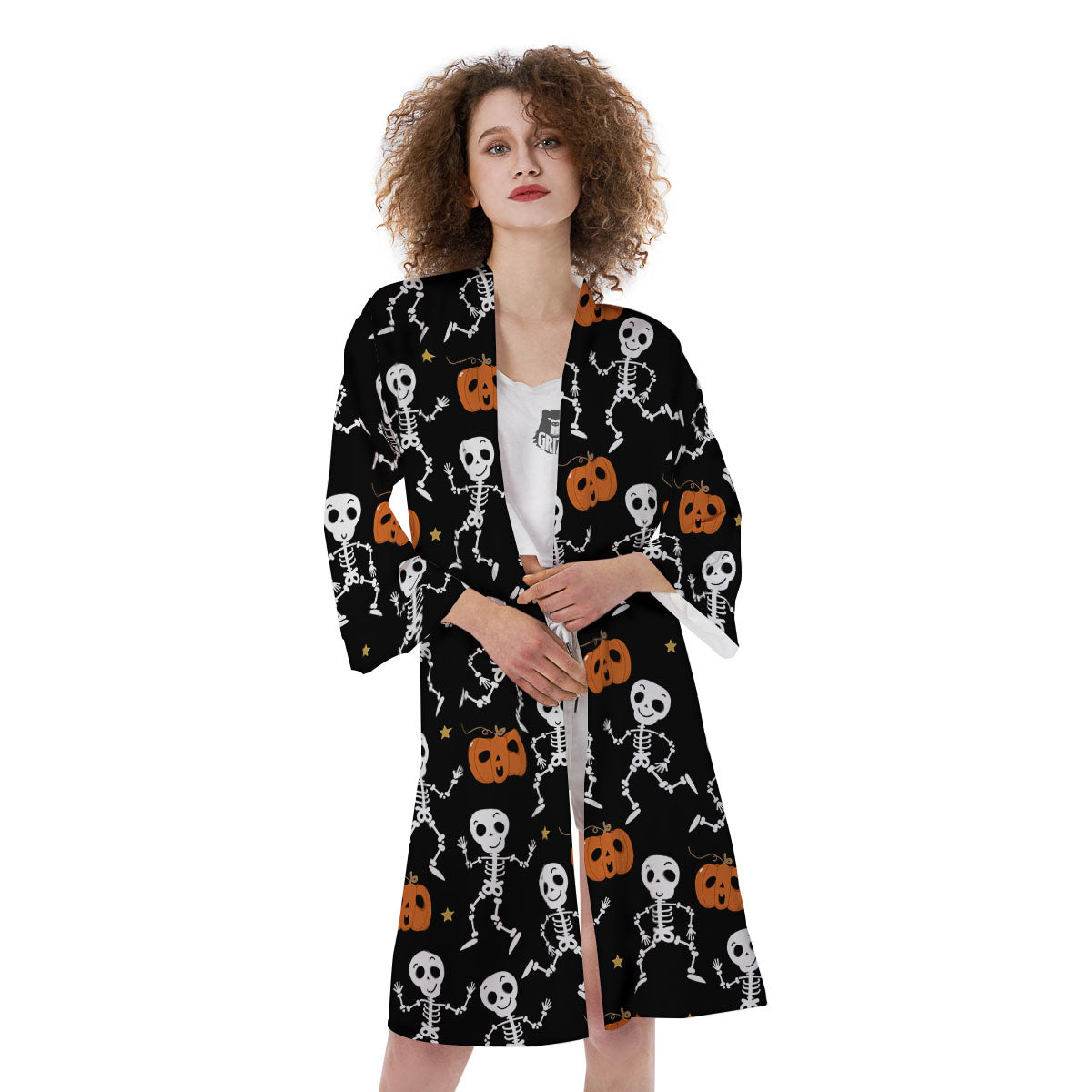 Pumpkin And Skeleton Halloween Print Kimono-grizzshop