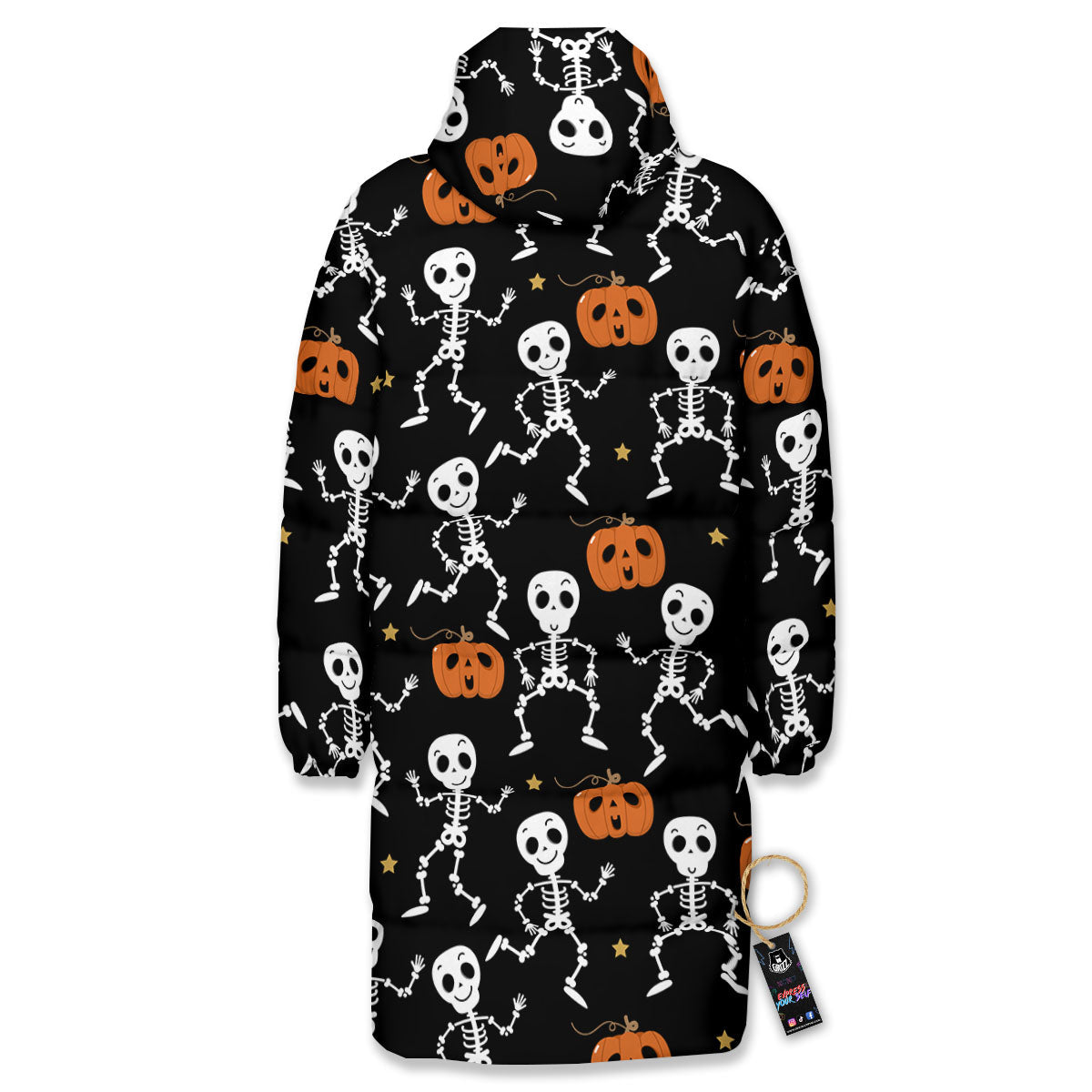 Pumpkin And Skeleton Halloween Print Long Down Jacket-grizzshop