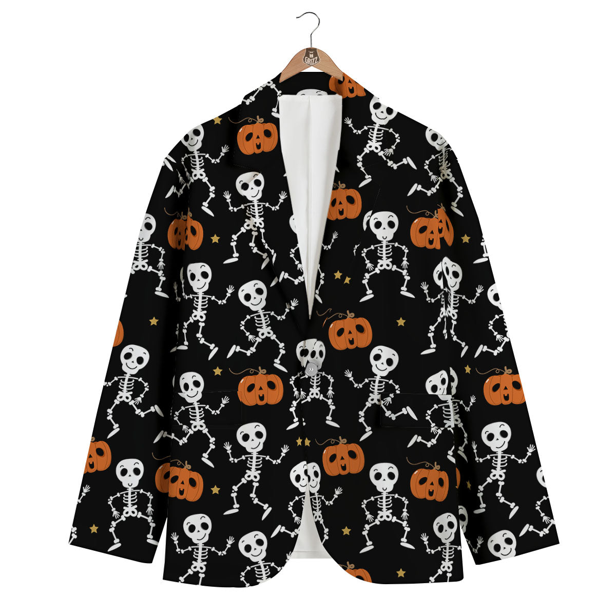 Pumpkin And Skeleton Halloween Print Men's Blazer-grizzshop