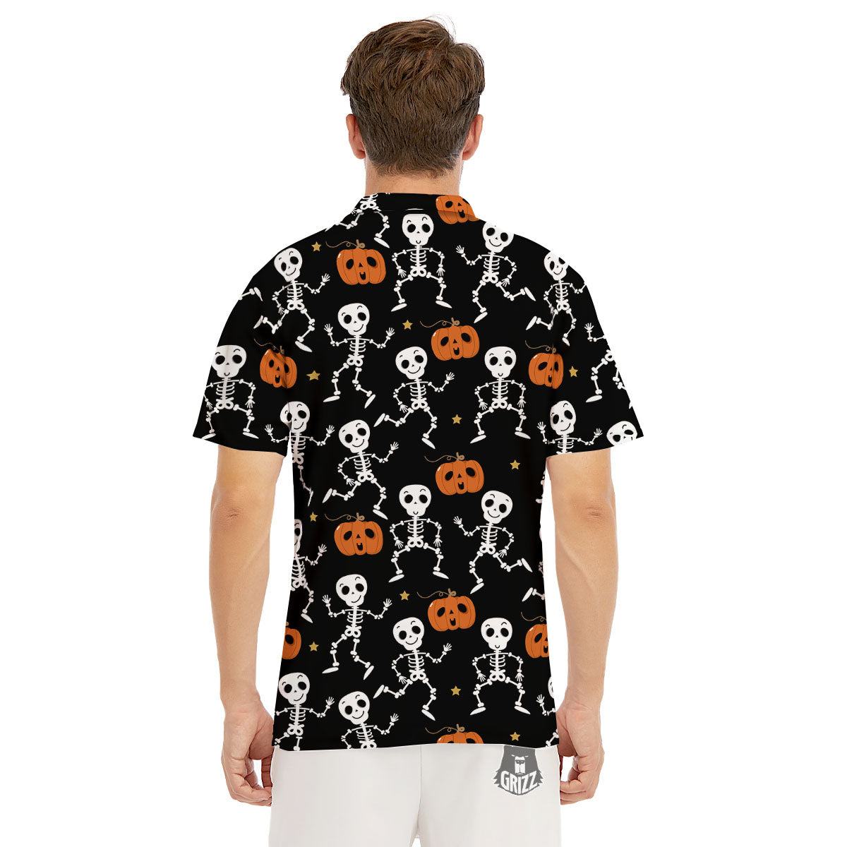 Pumpkin And Skeleton Halloween Print Men's Golf Shirts-grizzshop