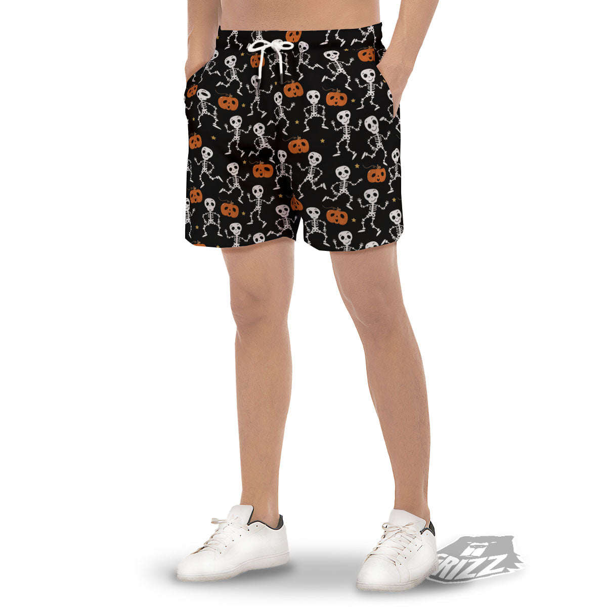 Pumpkin And Skeleton Halloween Print Men's Gym Shorts-grizzshop