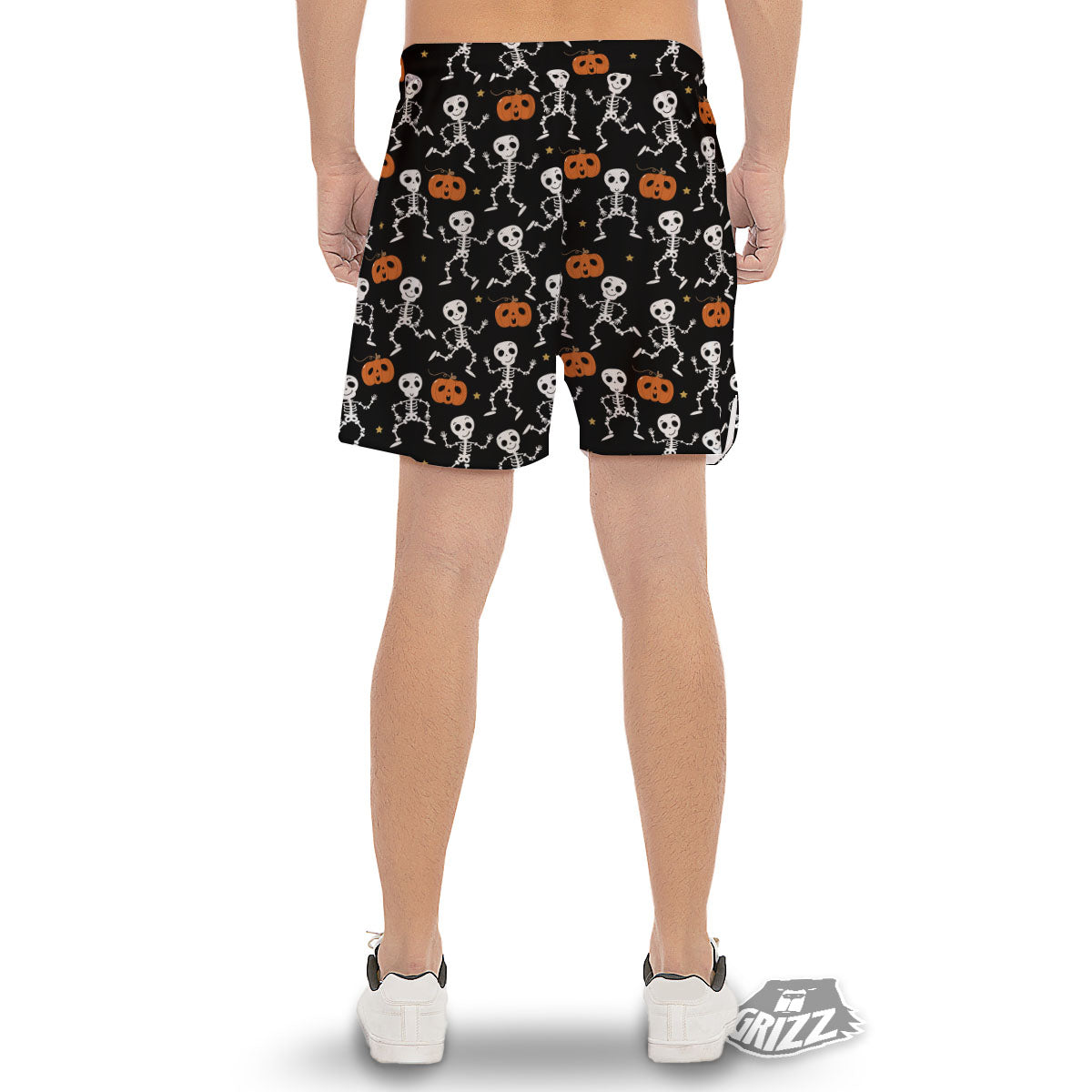 Pumpkin And Skeleton Halloween Print Men's Gym Shorts-grizzshop
