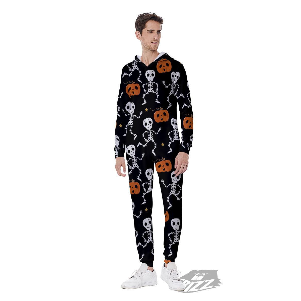 Pumpkin And Skeleton Halloween Print Men's Jumpsuit-grizzshop