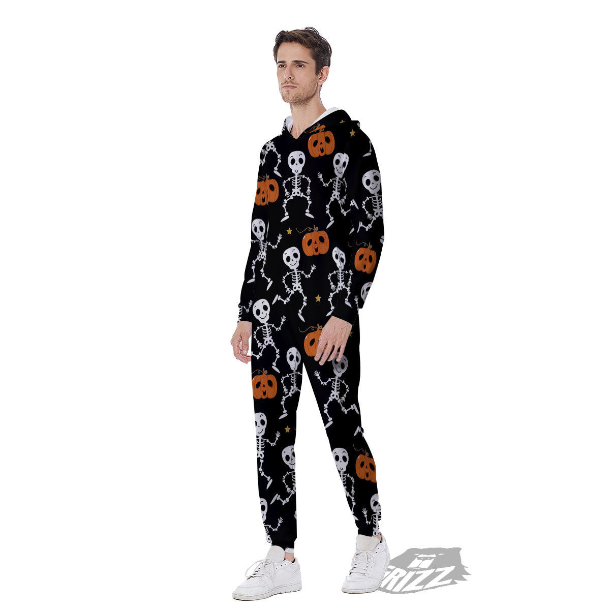 Pumpkin And Skeleton Halloween Print Men's Jumpsuit-grizzshop
