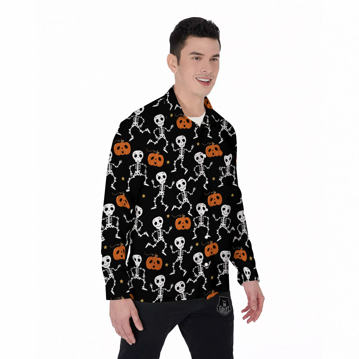 Pumpkin And Skeleton Halloween Print Men's Long Sleeve Shirts-grizzshop