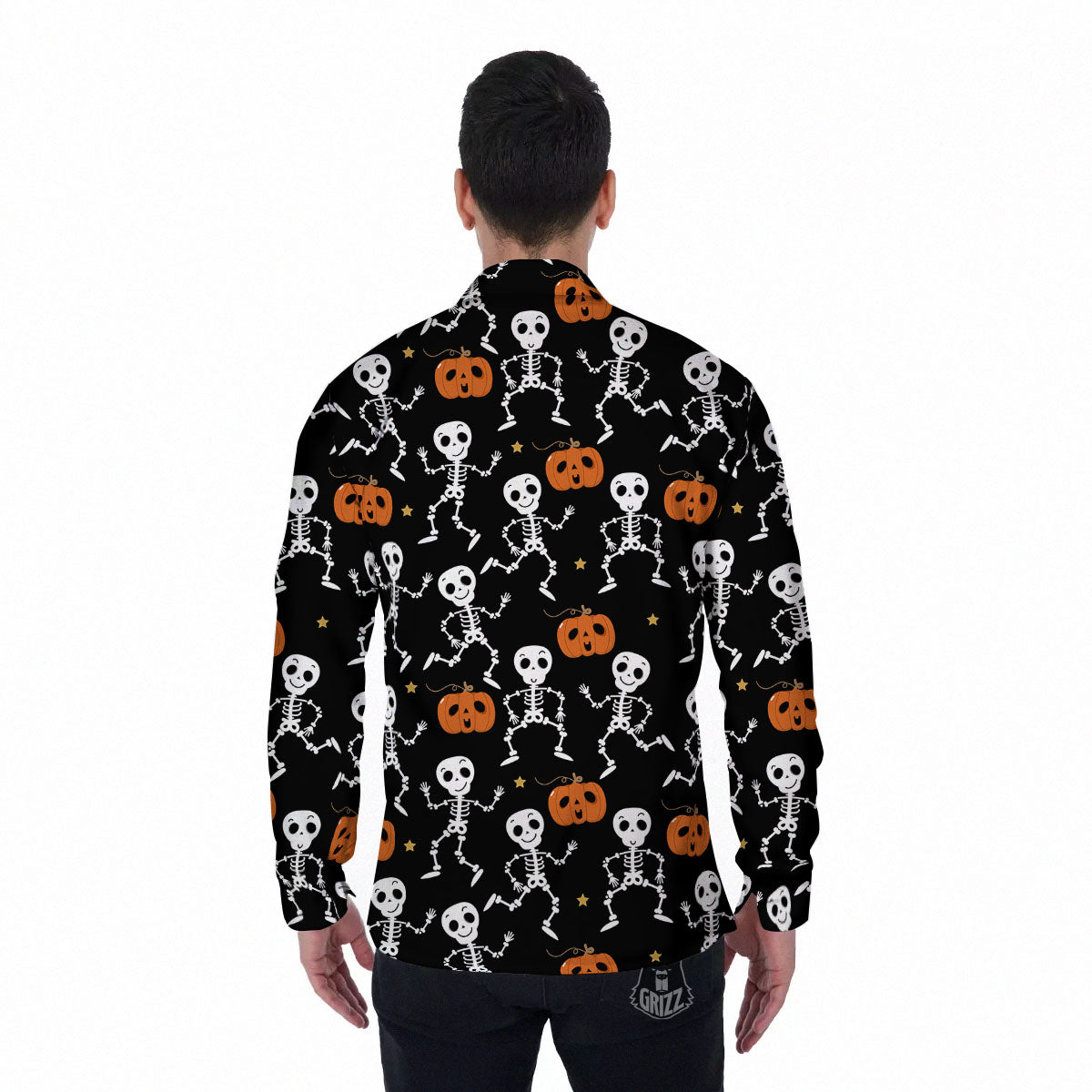 Pumpkin And Skeleton Halloween Print Men's Long Sleeve Shirts-grizzshop