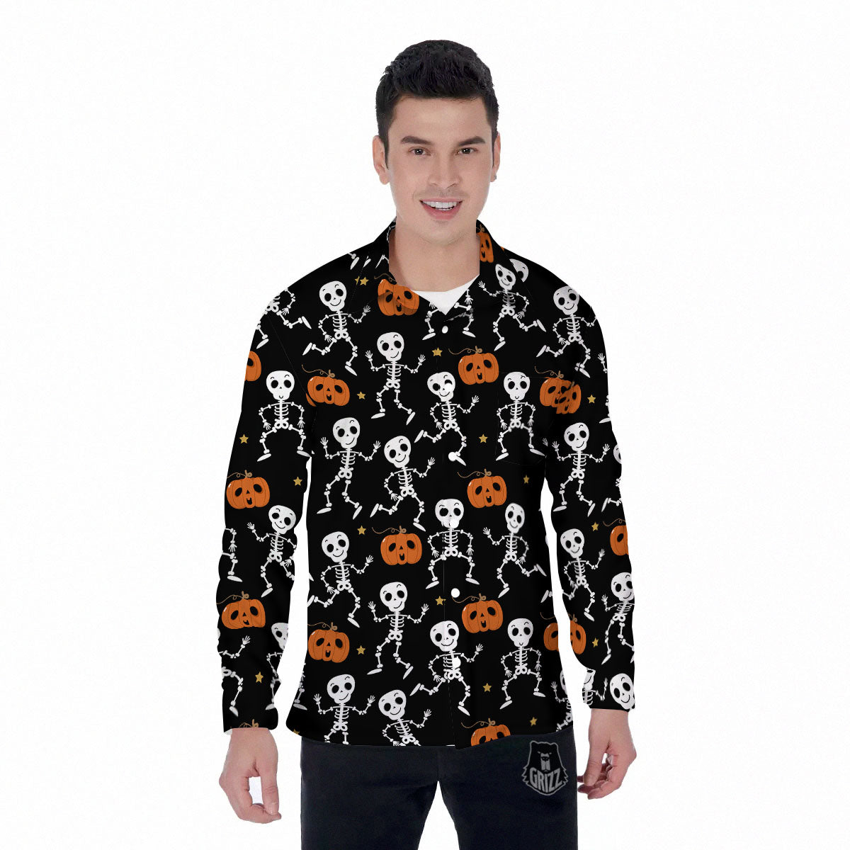 Pumpkin And Skeleton Halloween Print Men's Long Sleeve Shirts-grizzshop