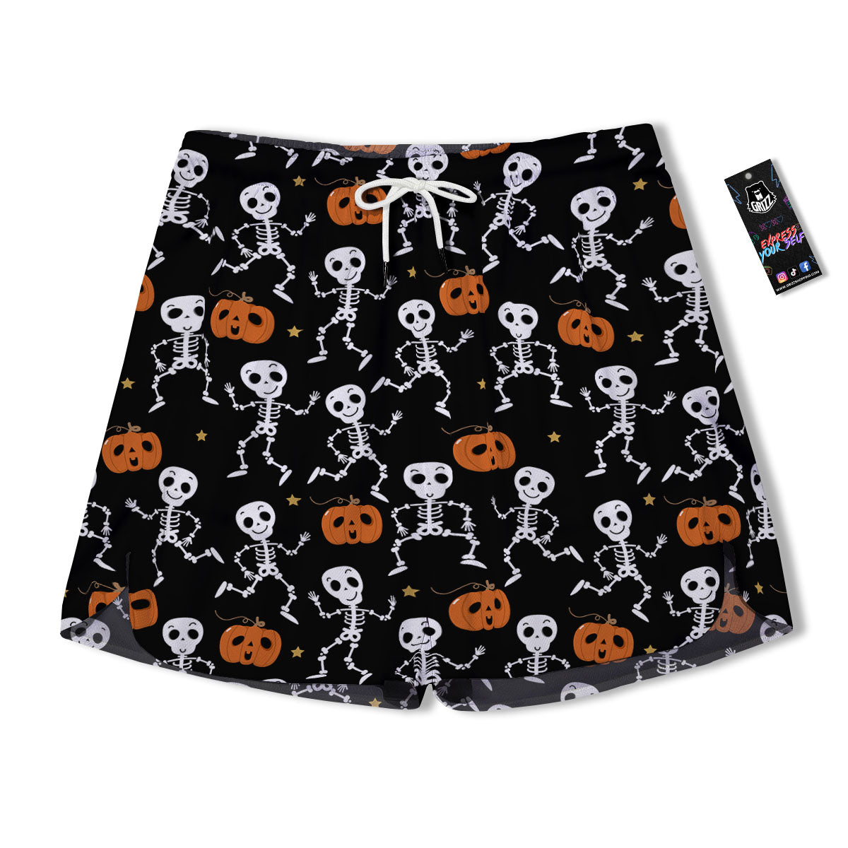 Pumpkin And Skeleton Halloween Print Men's Running Shorts-grizzshop