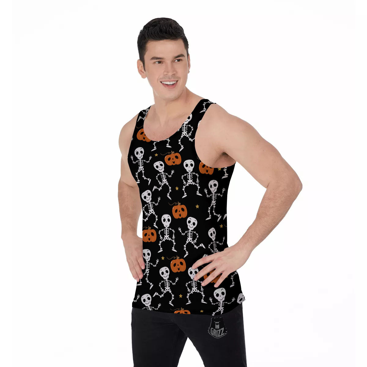 Pumpkin And Skeleton Halloween Print Men's Tank Top-grizzshop