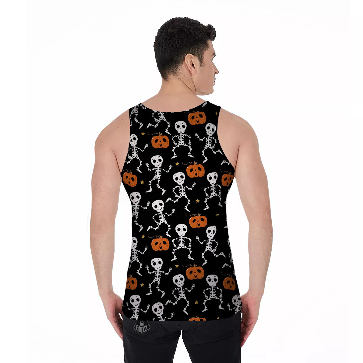 Pumpkin And Skeleton Halloween Print Men's Tank Top-grizzshop