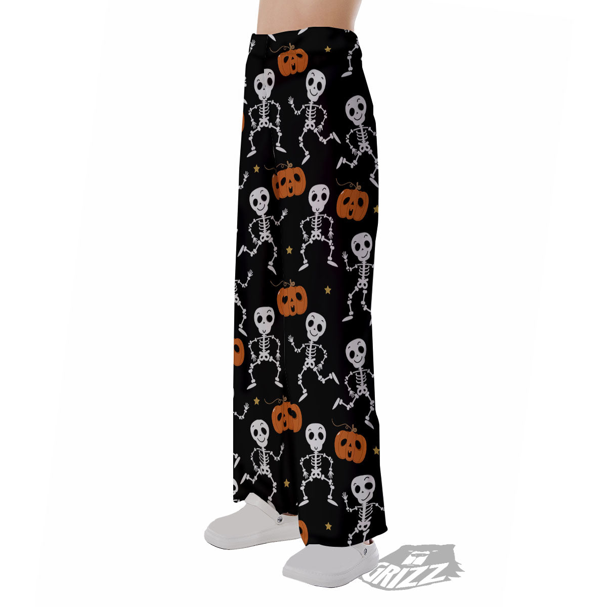 Pumpkin And Skeleton Halloween Print Pajama Pants-grizzshop