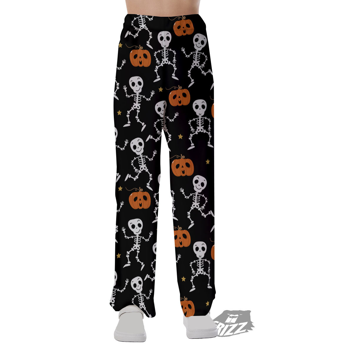 Pumpkin And Skeleton Halloween Print Pajama Pants-grizzshop