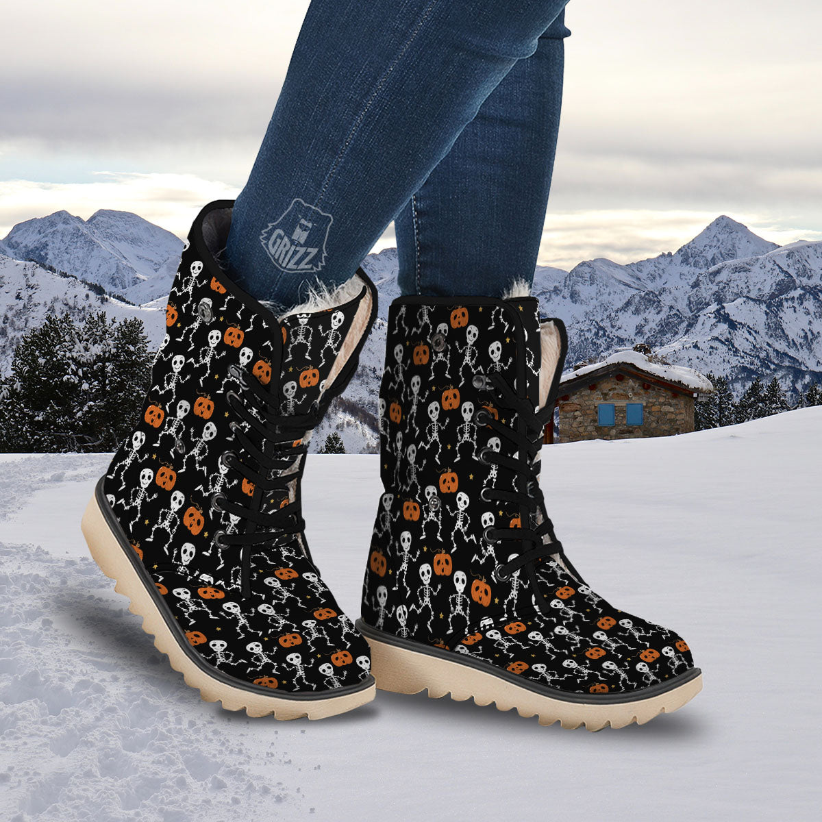 Pumpkin And Skeleton Halloween Print Snow Boots-grizzshop