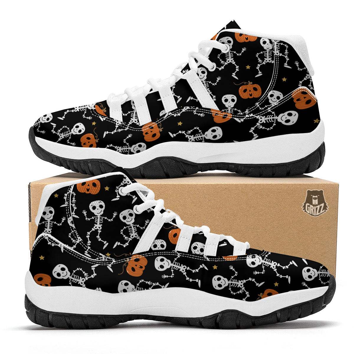 Pumpkin And Skeleton Halloween Print White Bball Shoes-grizzshop