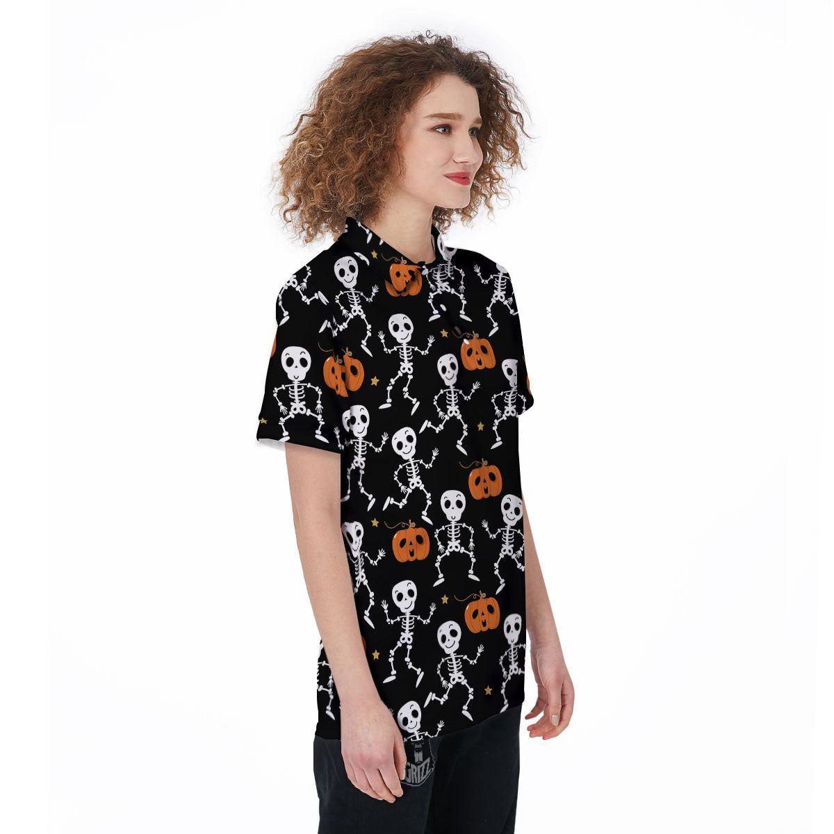 Pumpkin And Skeleton Halloween Print Women's Golf Shirts-grizzshop
