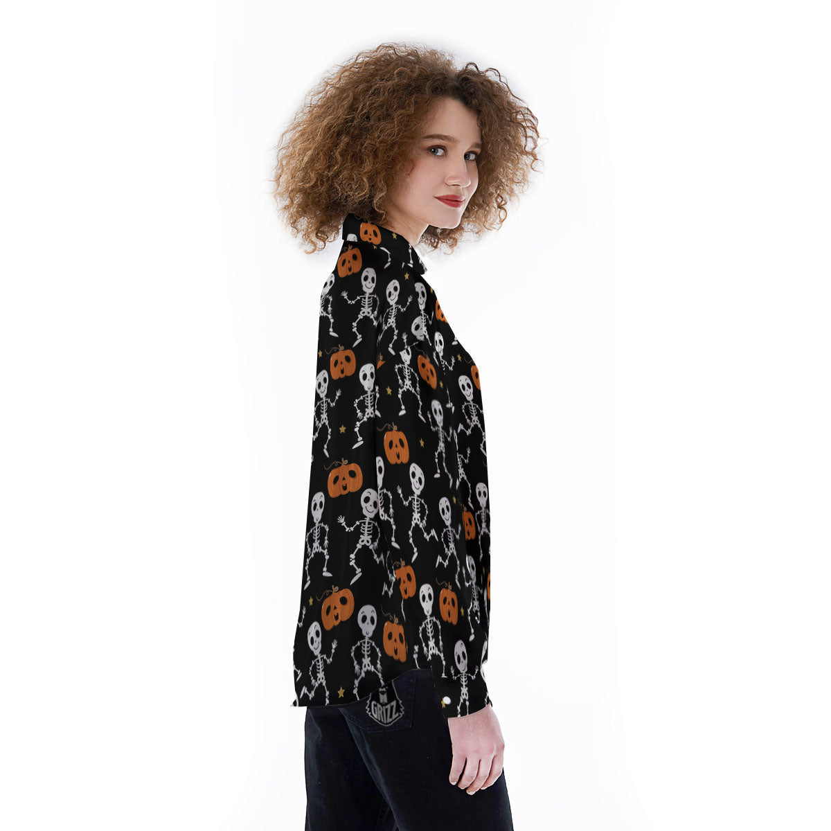 Pumpkin And Skeleton Halloween Print Women's Long Sleeve Shirts-grizzshop