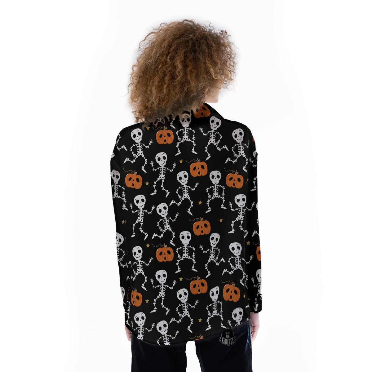 Pumpkin And Skeleton Halloween Print Women's Long Sleeve Shirts-grizzshop