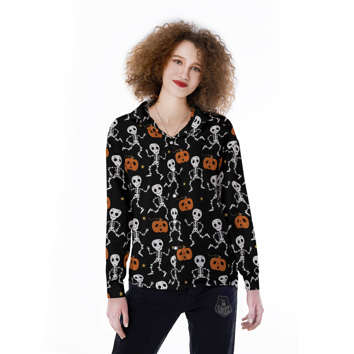 Pumpkin And Skeleton Halloween Print Women's Long Sleeve Shirts-grizzshop