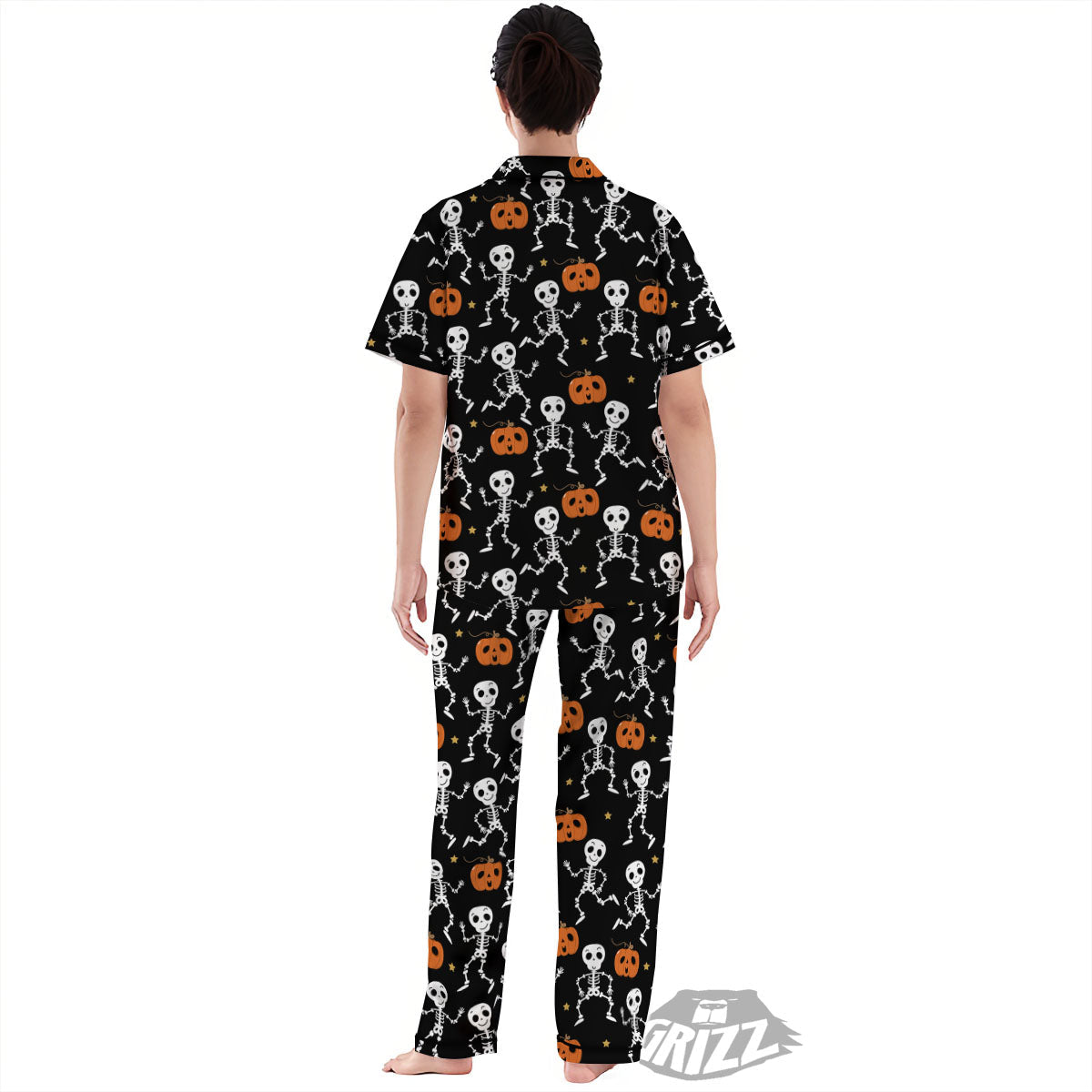 Pumpkin And Skeleton Halloween Print Women's Pajamas Set-grizzshop
