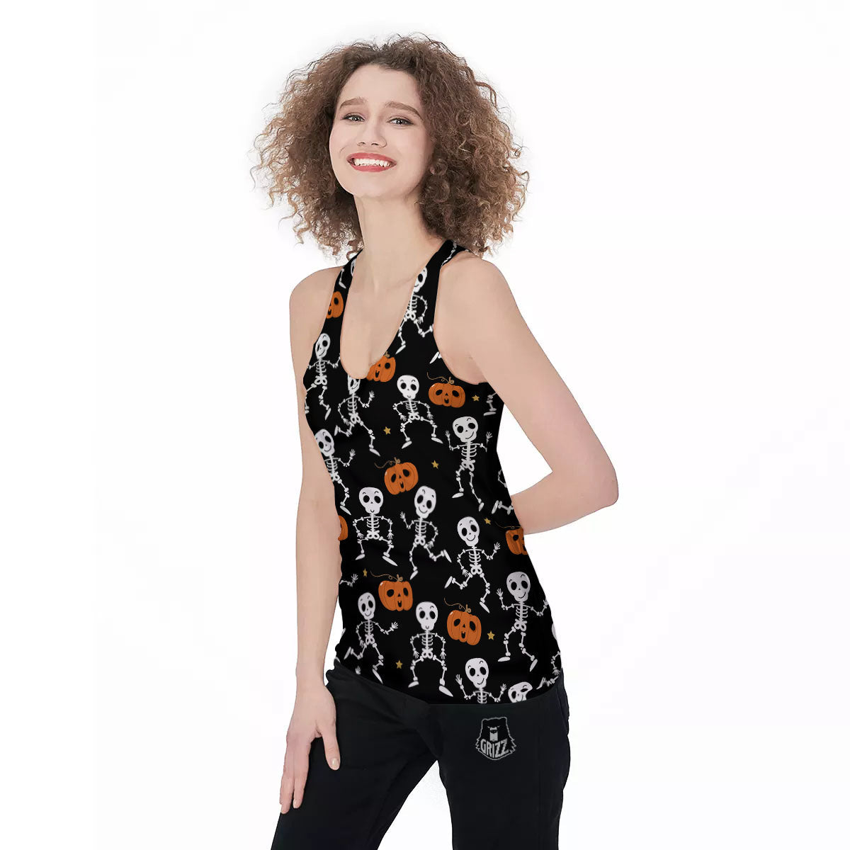 Pumpkin And Skeleton Halloween Print Women's Racerback Tank Top-grizzshop