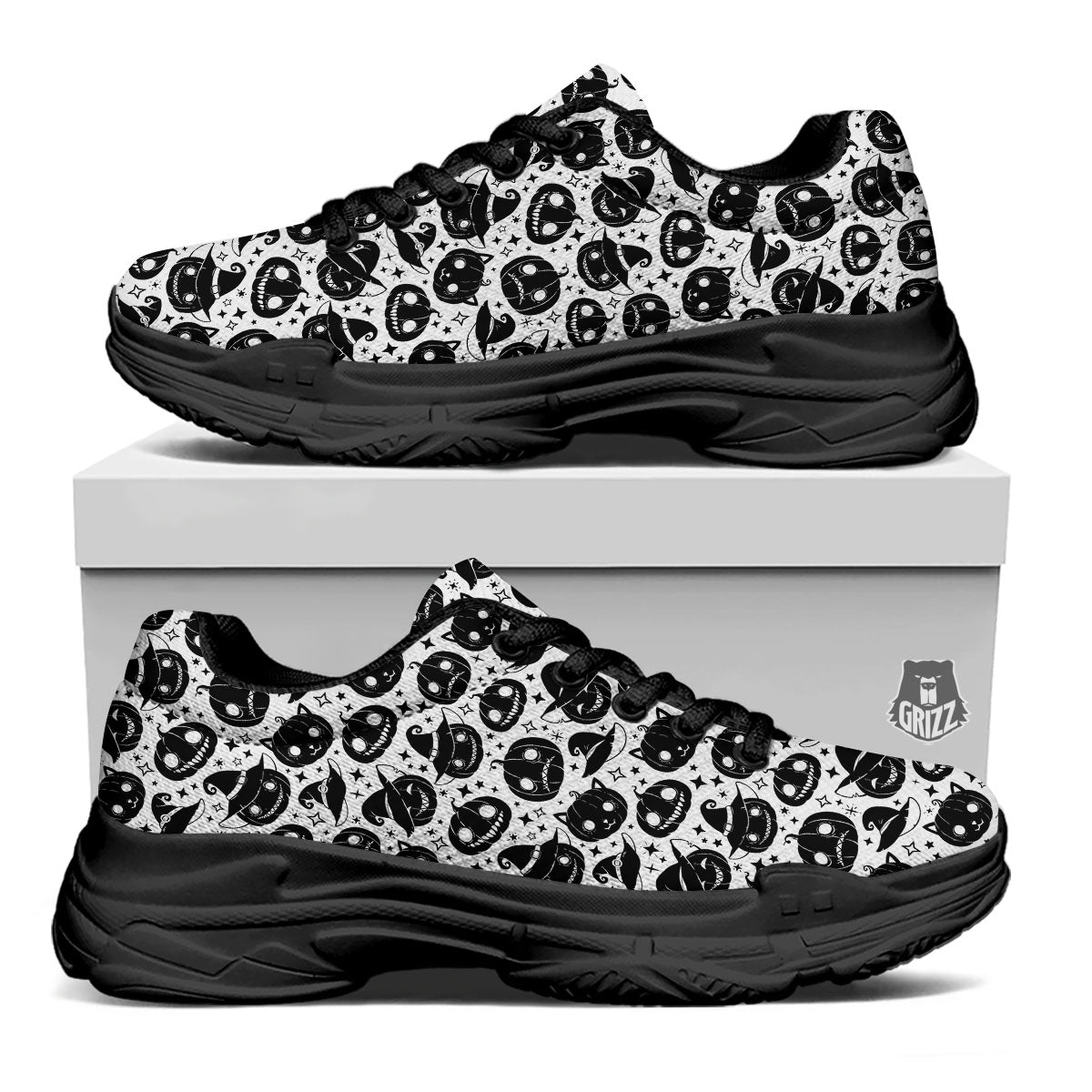 Pumpkin Black Halloween Print Pattern Black Chunky Shoes-grizzshop