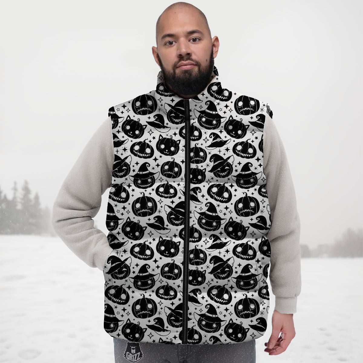 Pumpkin Black Halloween Print Pattern Down Vest-grizzshop