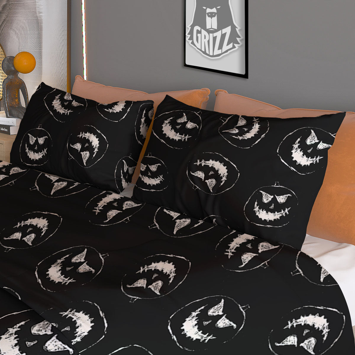 Pumpkin Faces Halloween Print Pattern Duvet Cover Bedding Set