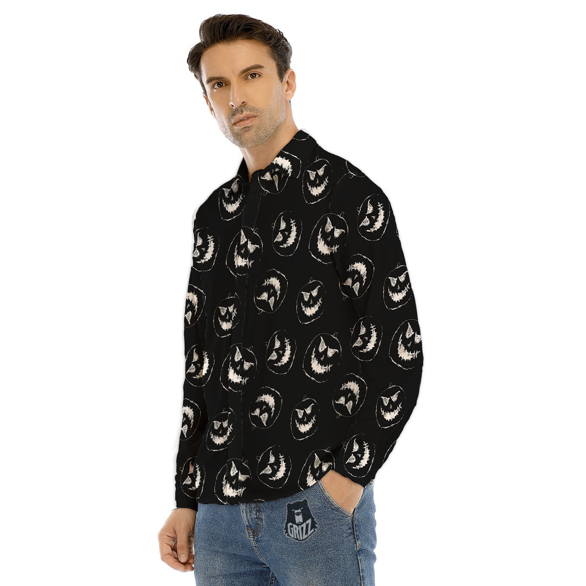 Pumpkin Faces Halloween Print Pattern Men's Dress Shirts-grizzshop
