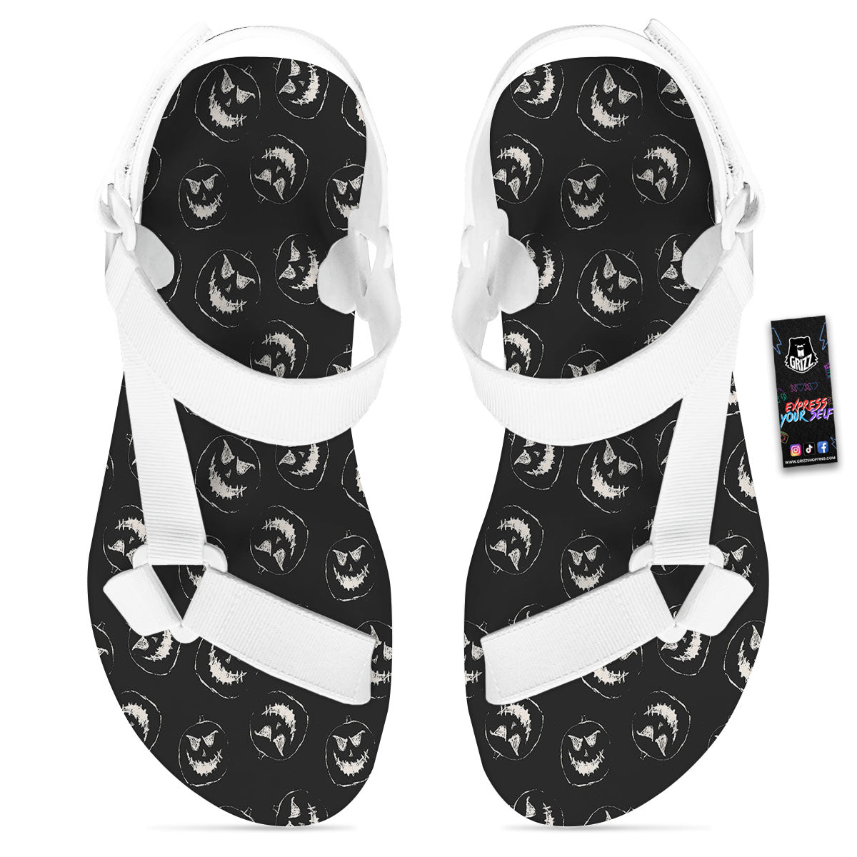 Pumpkin Faces Halloween Print Pattern White Open Toe Sandals-grizzshop