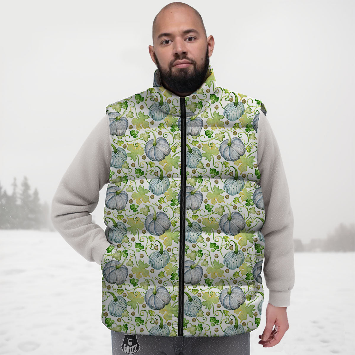 Pumpkin Green Print Pattern Down Vest-grizzshop