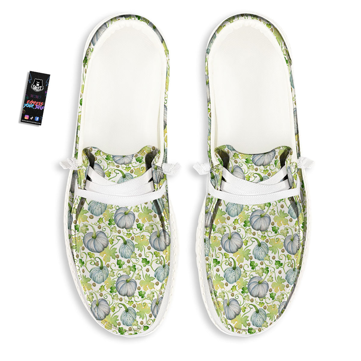 Pumpkin Green Print Pattern White Loafers-grizzshop