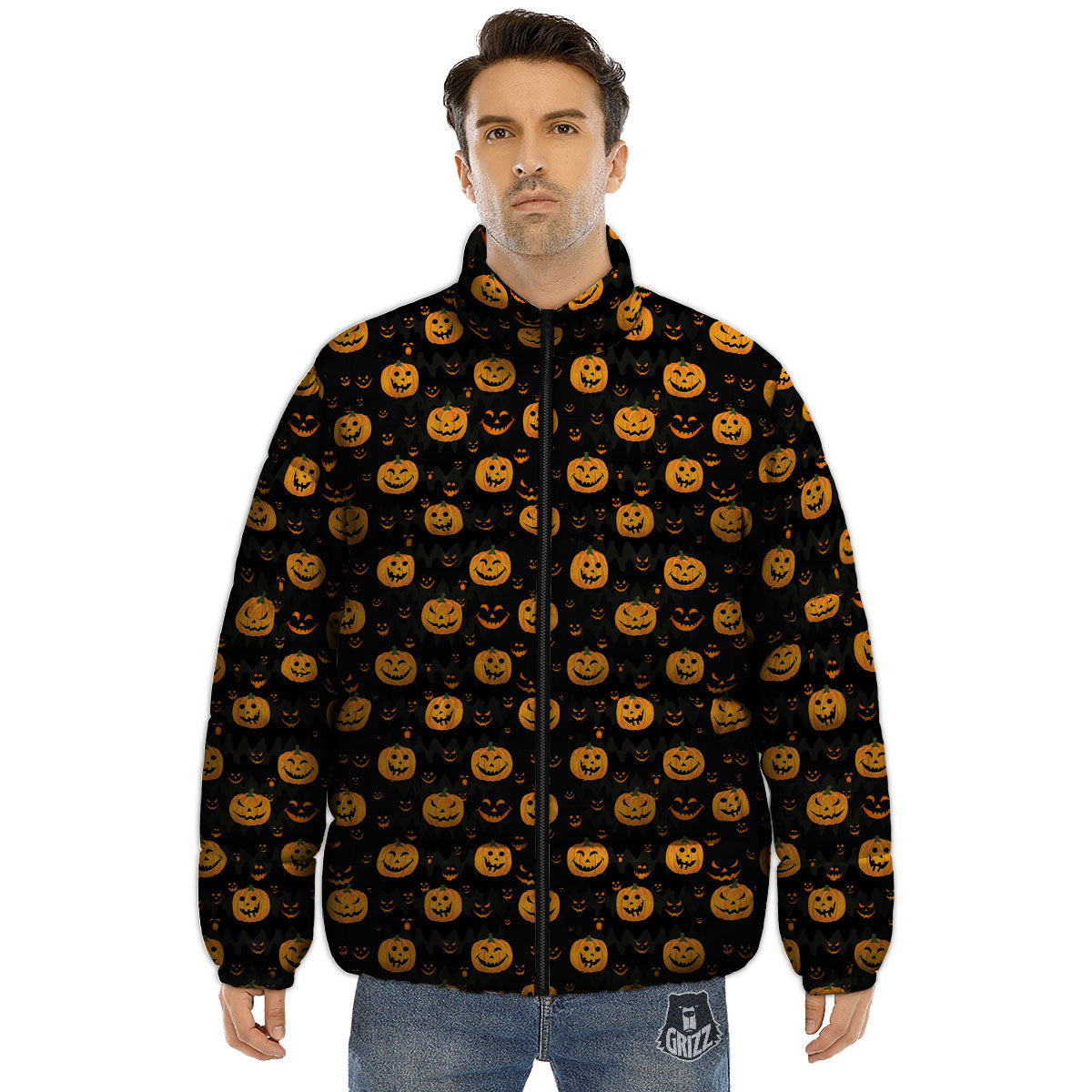 Pumpkin Halloween Fun Print Pattern Puffer Jacket-grizzshop