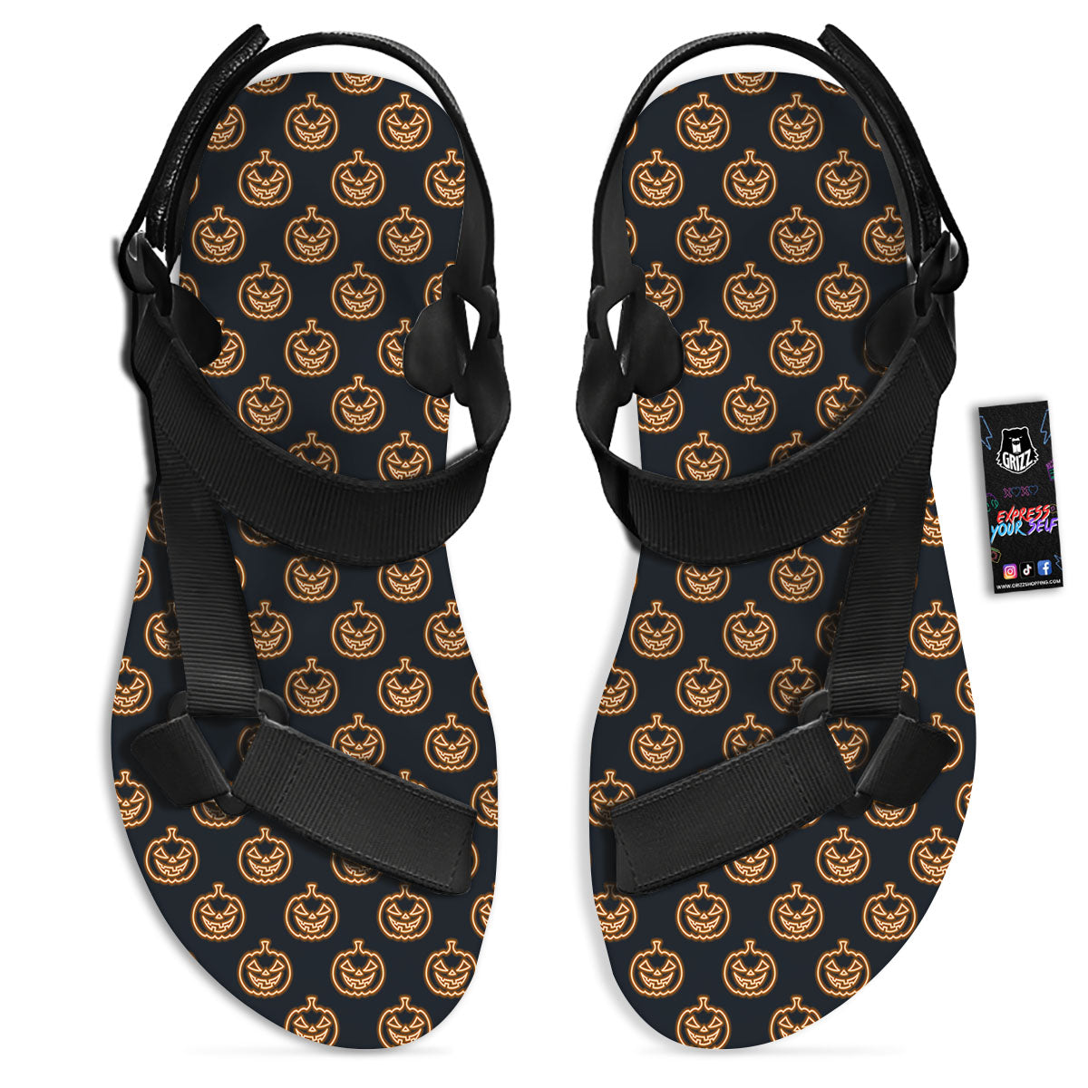 Pumpkin Halloween Print Pattern Black Open Toe Sandals-grizzshop
