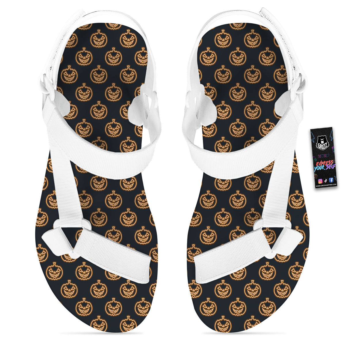 Pumpkin Halloween Print Pattern White Open Toe Sandals-grizzshop