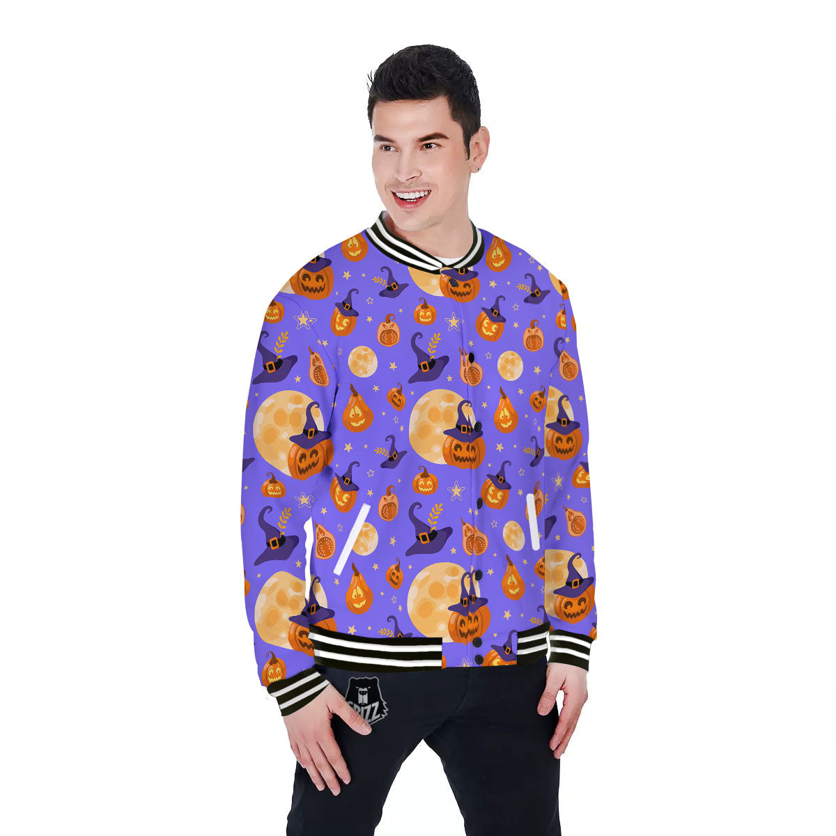 Pumpkin Halloween Purple Print Pattern Baseball Jacket-grizzshop