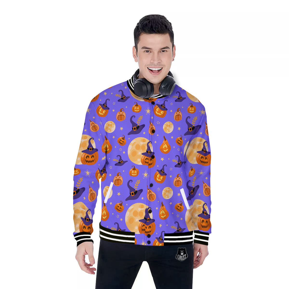 Pumpkin Halloween Purple Print Pattern Baseball Jacket-grizzshop