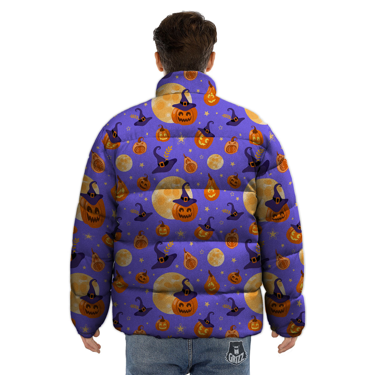 Pumpkin Halloween Purple Print Pattern Puffer Jacket-grizzshop