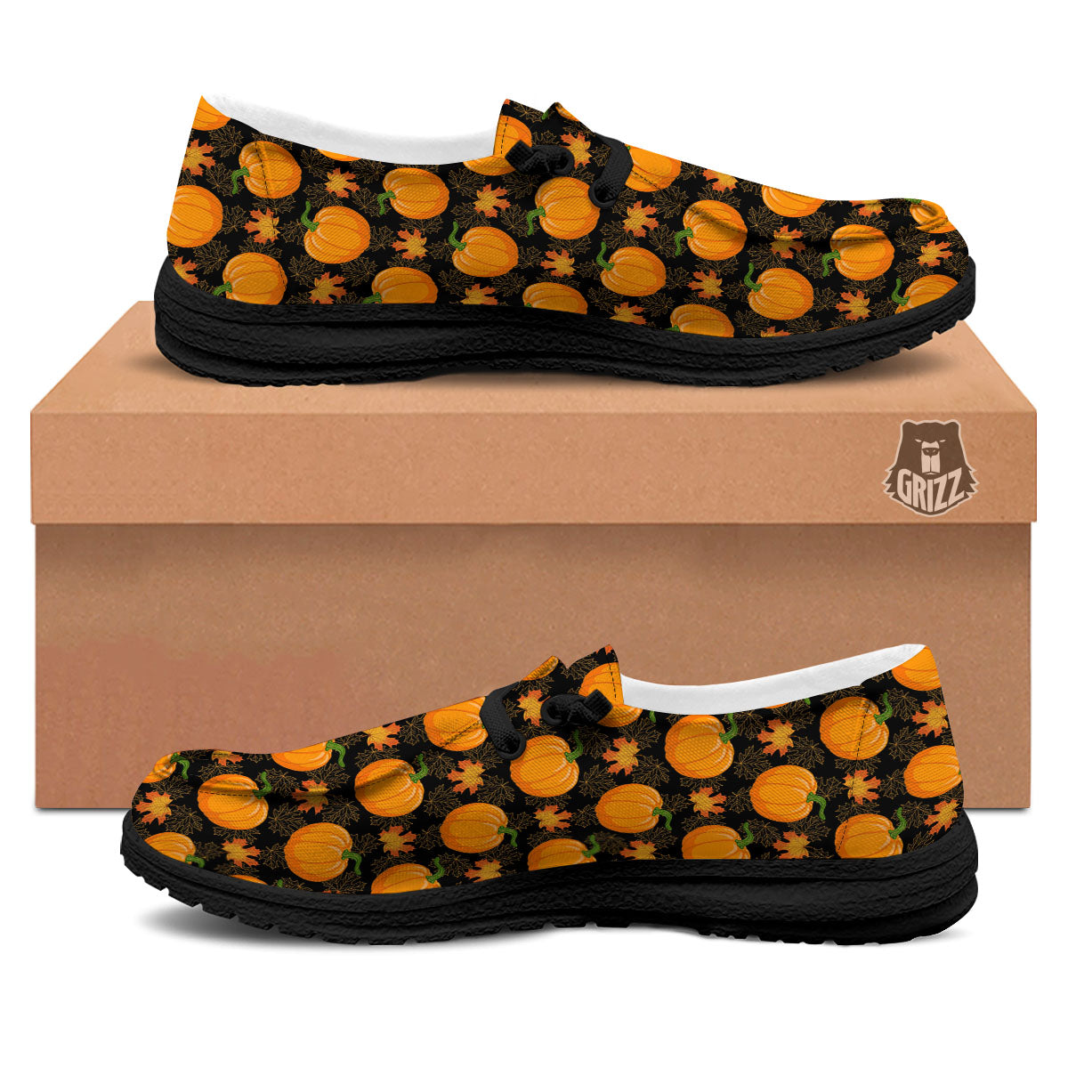 Pumpkin Orange Print Pattern Black Loafers-grizzshop