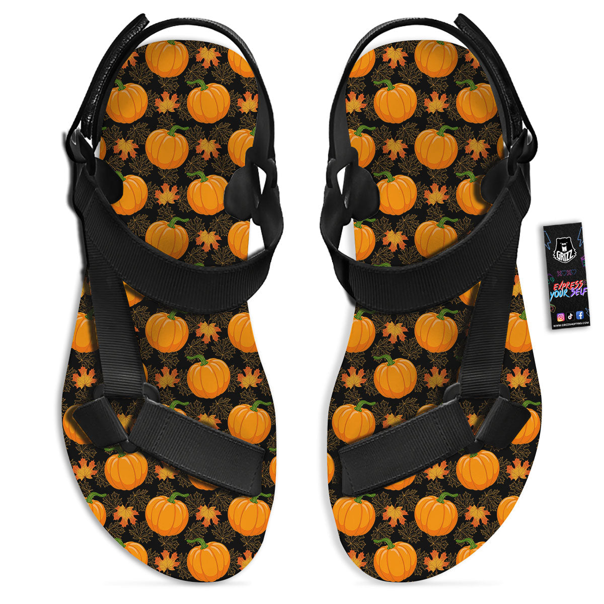 Pumpkin Orange Print Pattern Black Open Toe Sandals-grizzshop