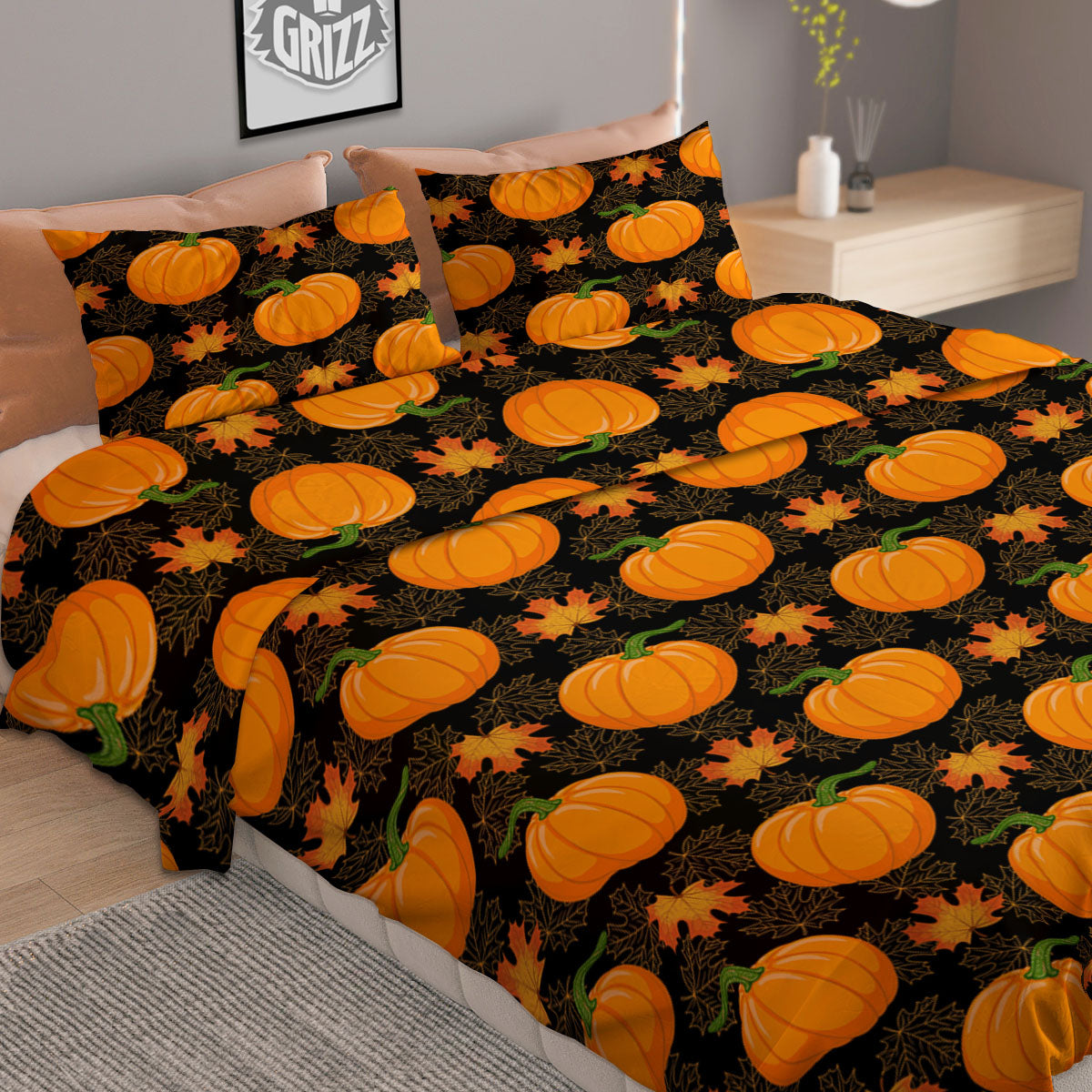 Pumpkin Orange Print Pattern Duvet Cover Bedding Set-grizzshop