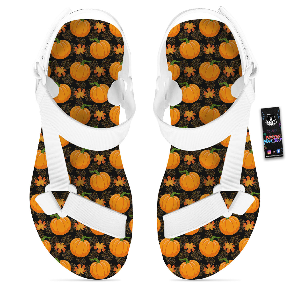 Pumpkin Orange Print Pattern White Open Toe Sandals-grizzshop