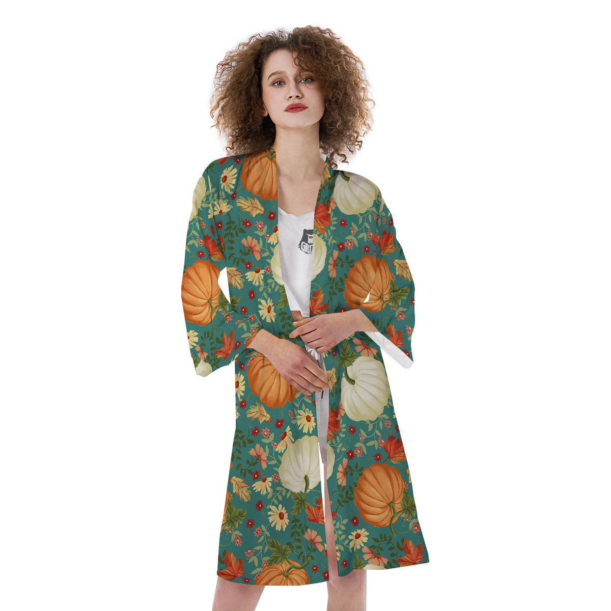 Pumpkin Vintage Print Pattern Kimono-grizzshop