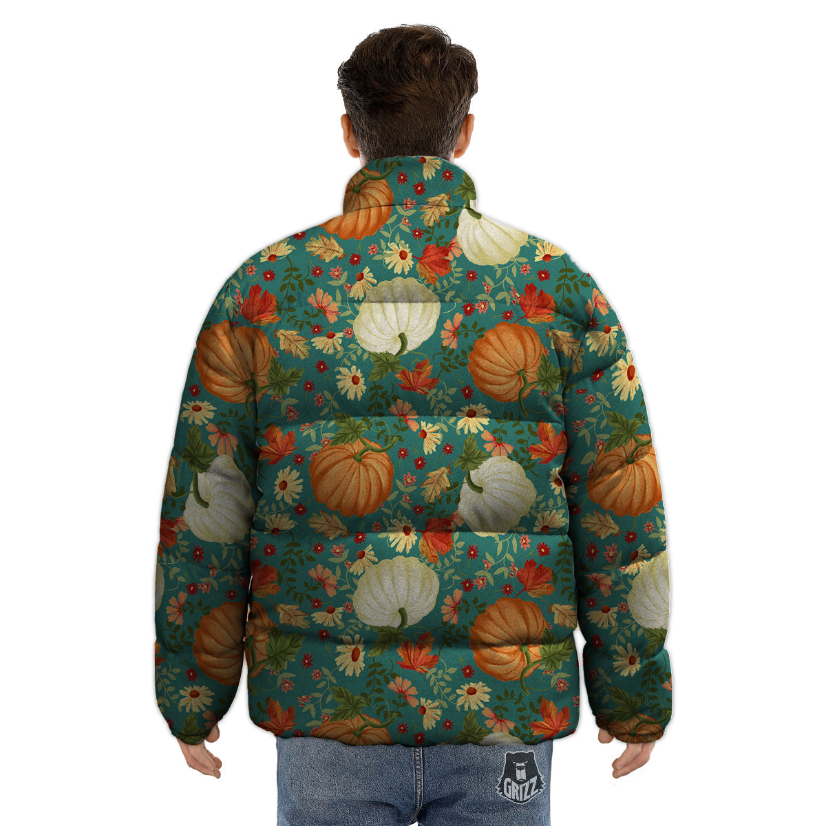 Pumpkin Vintage Print Pattern Puffer Jacket-grizzshop