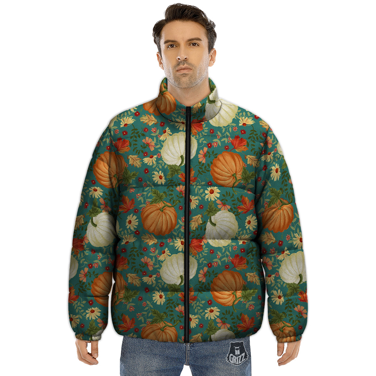 Pumpkin Vintage Print Pattern Puffer Jacket-grizzshop
