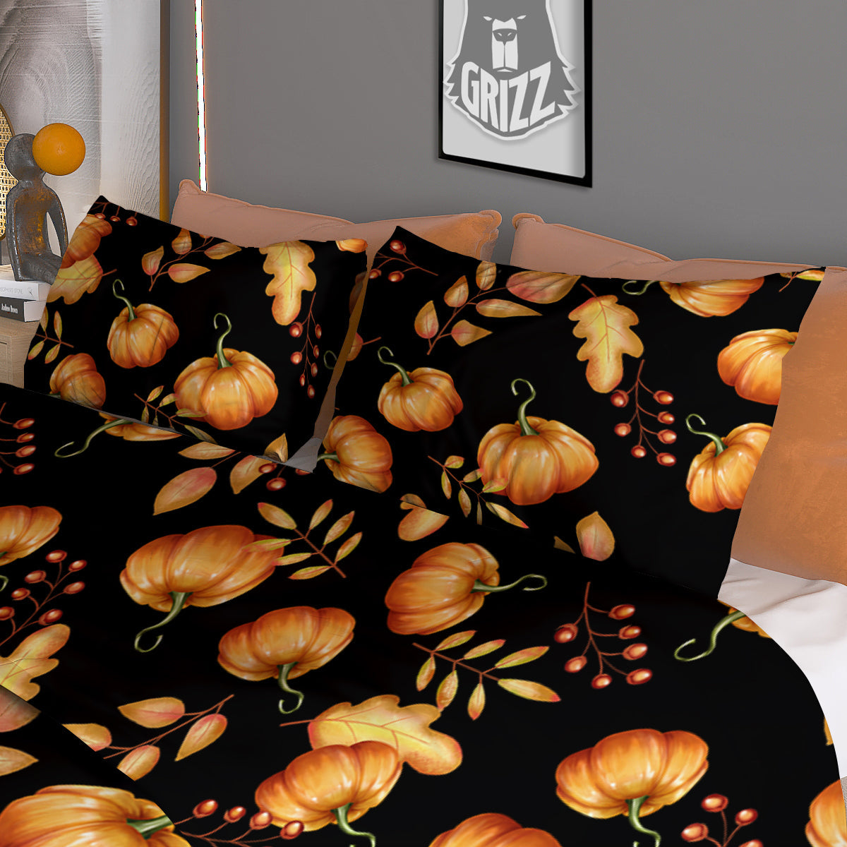Pumpkin Watercolor Print Pattern Duvet Cover Bedding Set