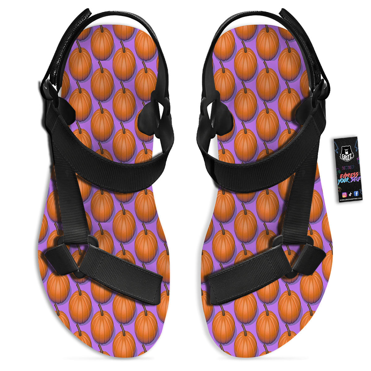Pumpkin Wave Print Pattern Black Open Toe Sandals-grizzshop
