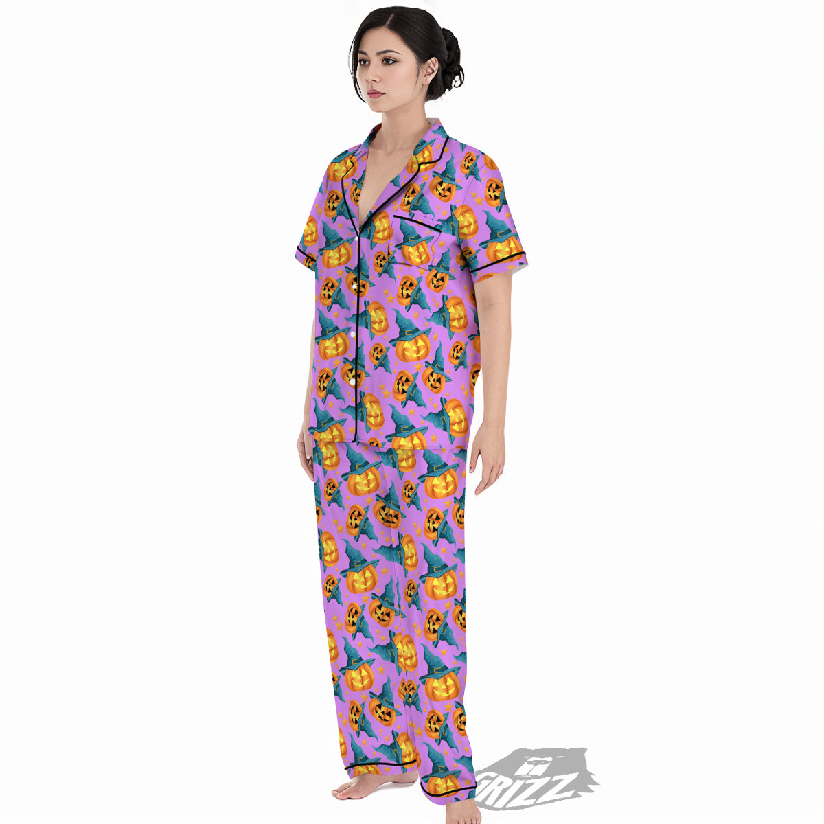 Pumpkin Witch Halloween Cute Print Women's Pajamas Set-grizzshop