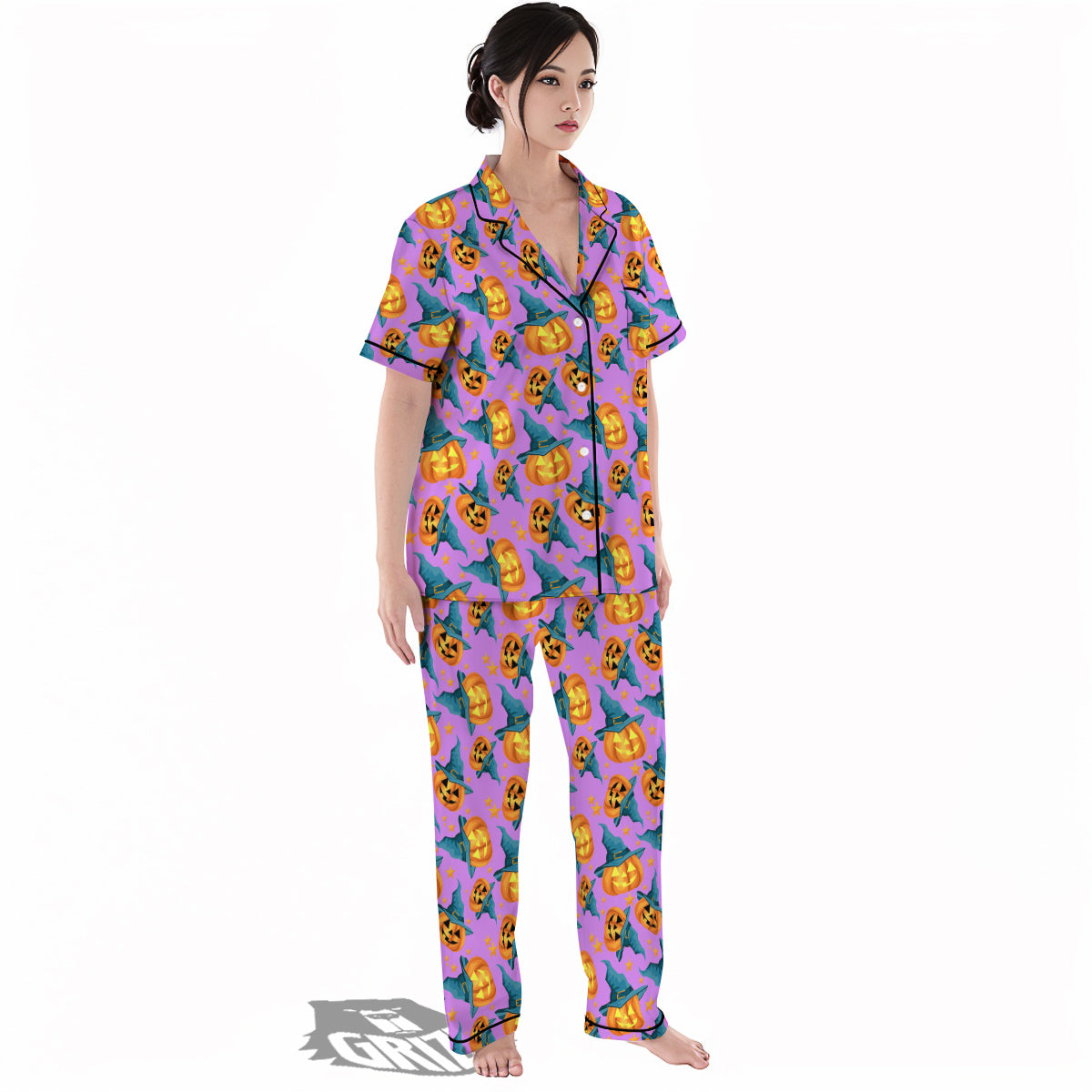 Pumpkin Witch Halloween Cute Print Women's Pajamas Set-grizzshop