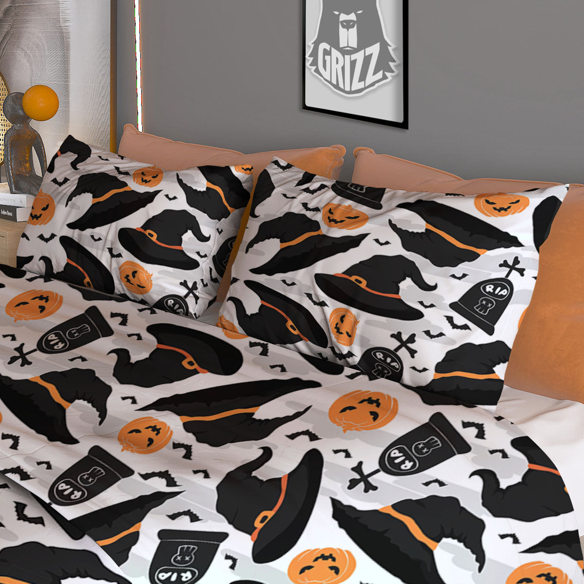 Pumpkin Witch Halloween Print Pattern Duvet Cover Bedding Set