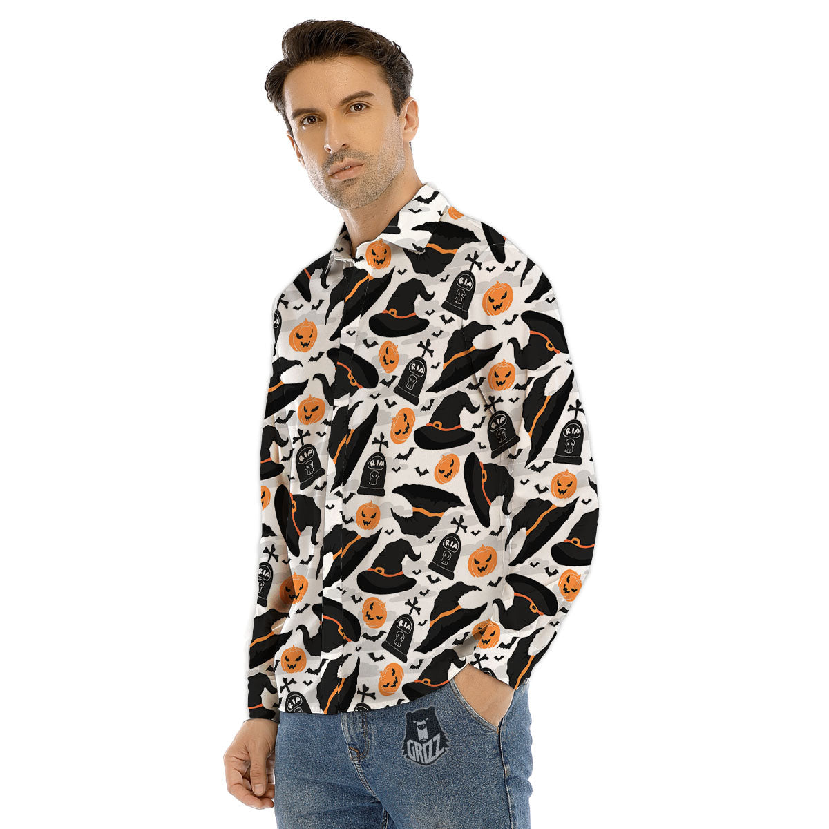 Pumpkin Witch Halloween Print Pattern Men's Dress Shirts-grizzshop